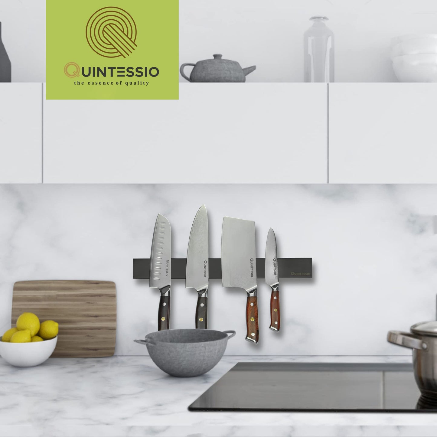 QUINTESSIO - Magnetic Knife Strip Stainless Steel - Self-adhesive or drillable knife holder - 40 cm magnetic knife strip - Kitchen knife magnetic holder - Black
