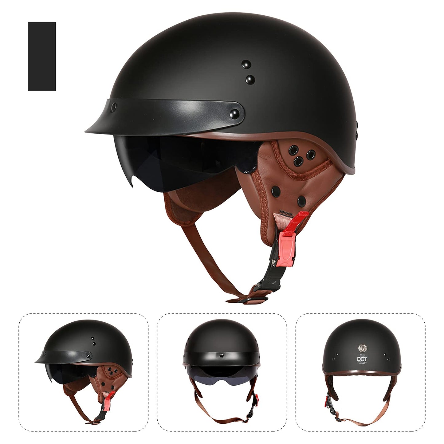 BOSERMEM Motorcycle Helmet With Goggles DOT/ECE Approved, Jet Roller Scooter Moped Chopper Vintage (Matte Black, M 57-58cm)