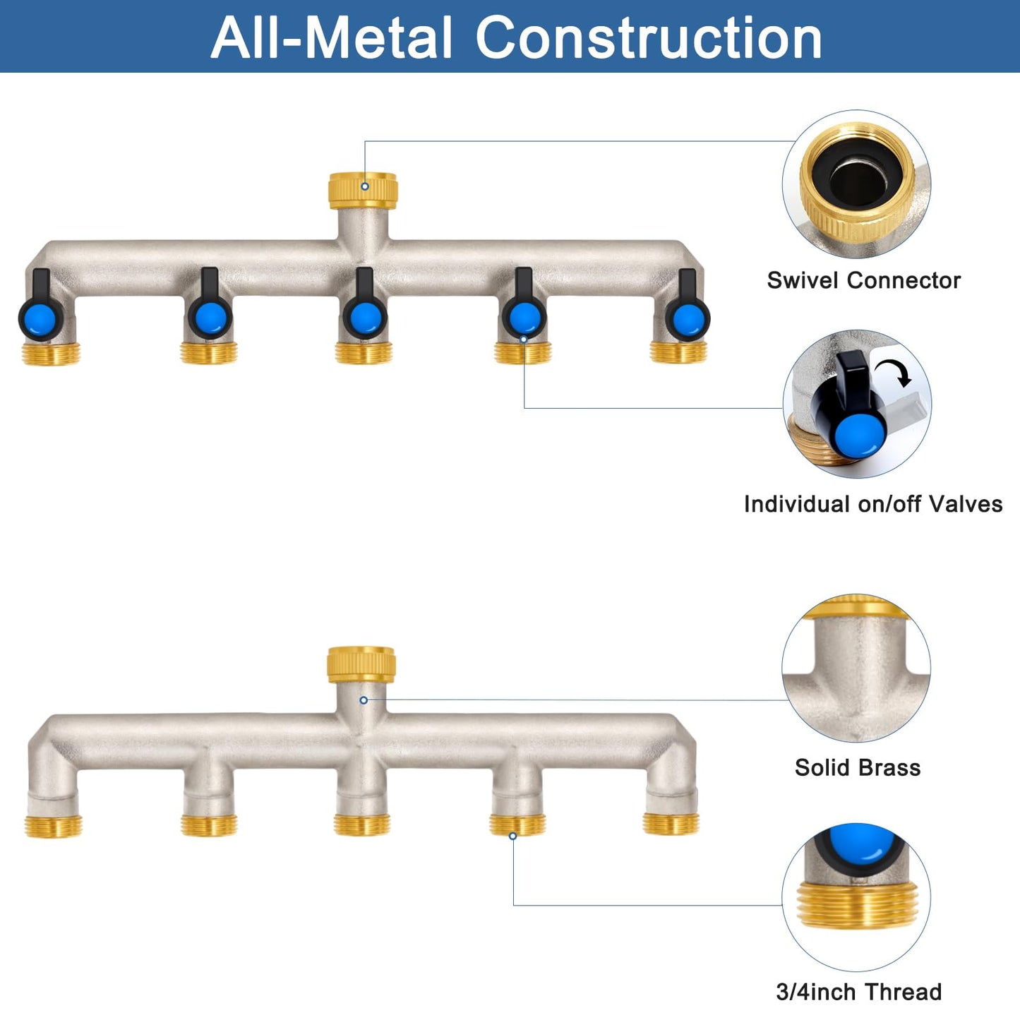 5-way water tap water distributor made of brass for 5 devices/garden hoses, 5-way distributor 3/4" adapter 1/2" with ball valve for adjusting and shutting off water flow.