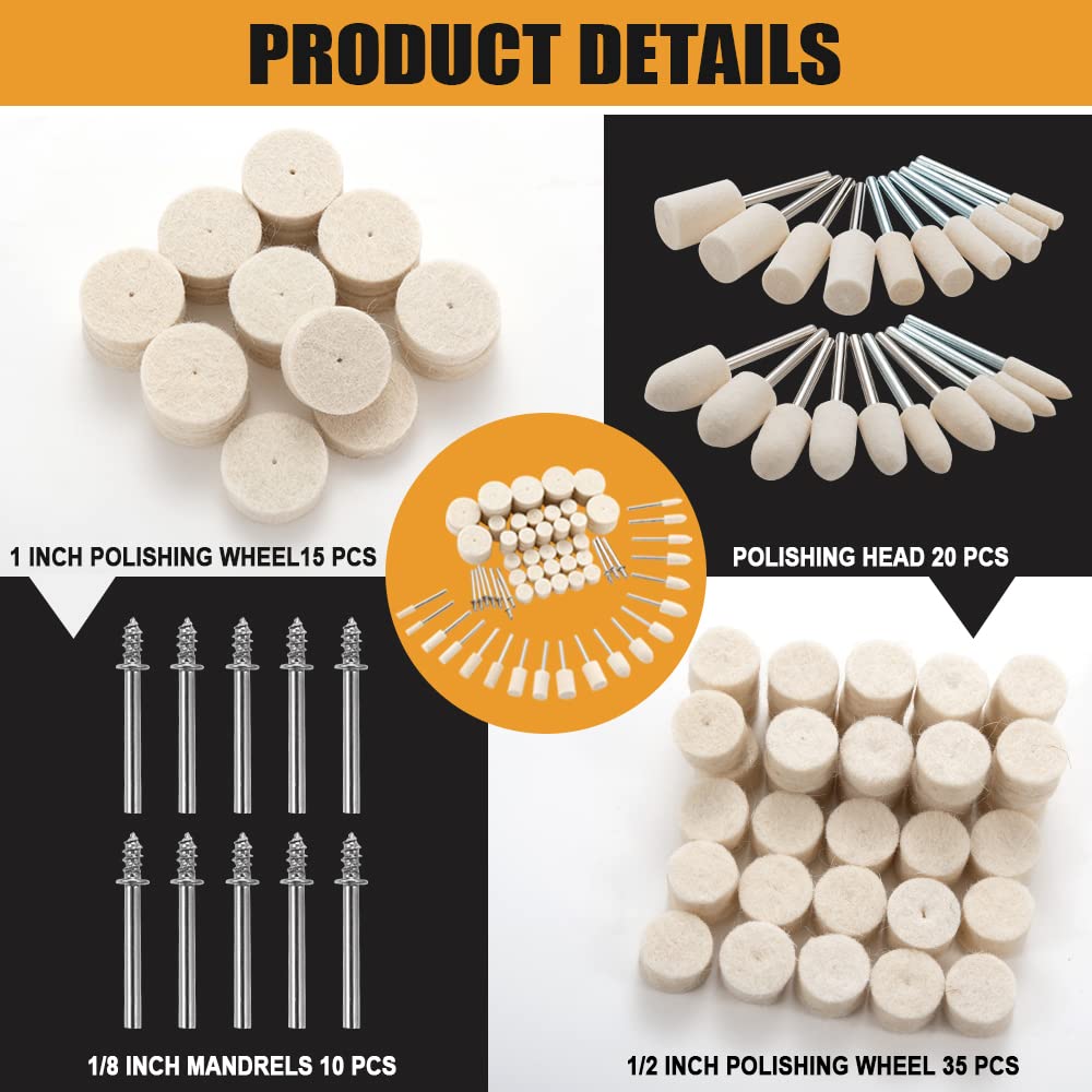 80PCS Wool Felt Polishing Wheels, Wool Felt Mounted Mandrel Polishing Set with 1/8" Shank Polishing Accessories for Dremel Rotary Tool Jewelry Metal Glass