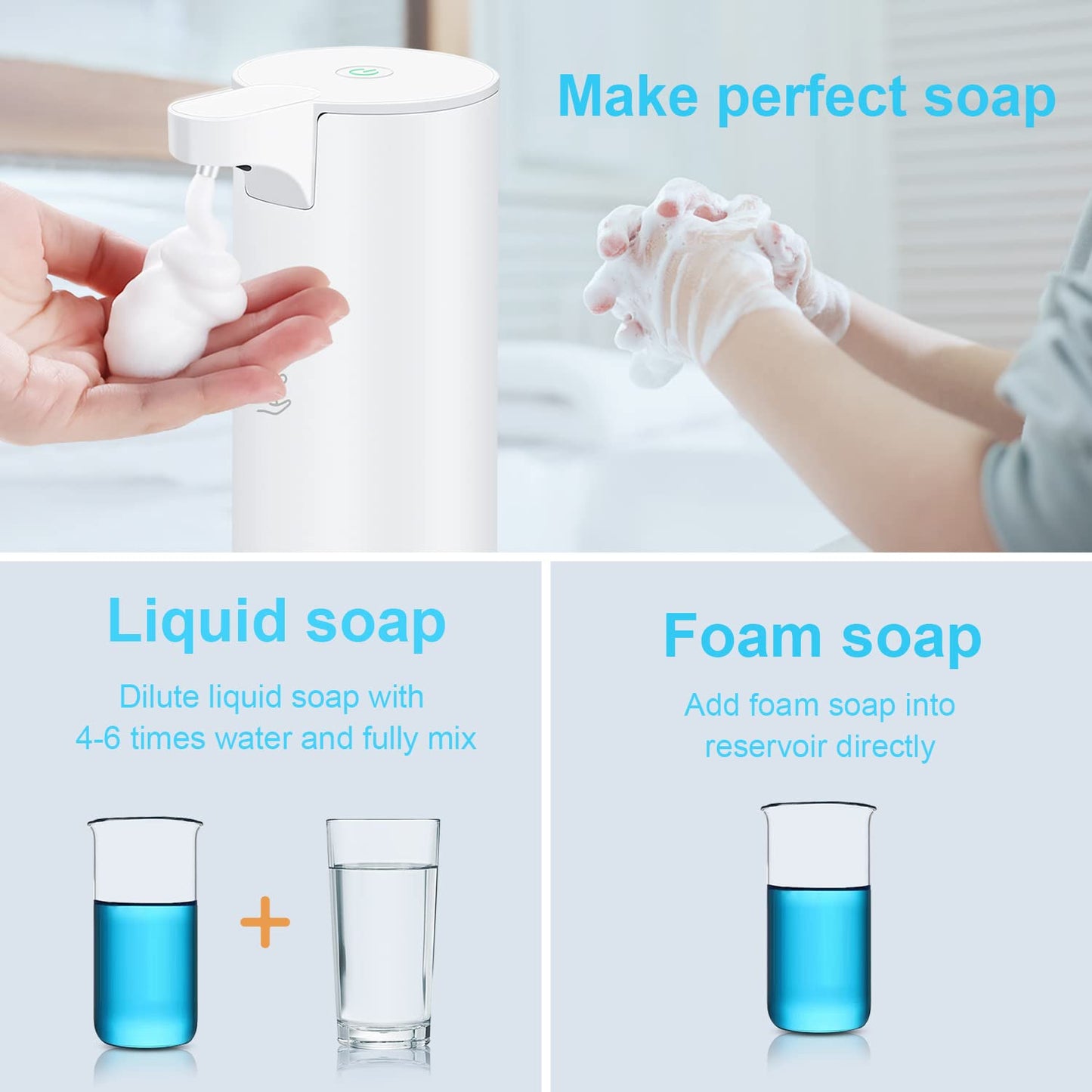 Automatic stainless steel foam soap dispenser LAOPAO Soap Dispenser Set IPX5 Waterproof USB-C Recharge with sensor infrared motion sensor for kitchen & bathroom (White)