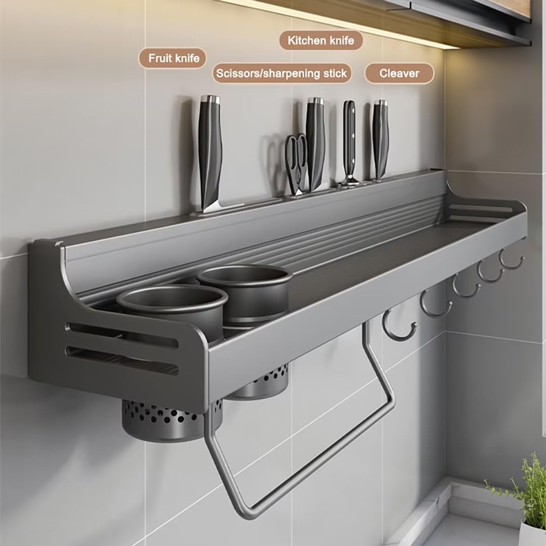 Spice rack, hanging spice rack, spice racks kitchen shelf wall without drilling, spice organizer with knife slot, hooks, cup, kitchen shelf wall for spices, black, 60cm