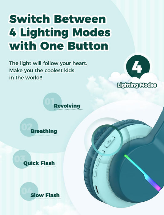 iClever Bluetooth kids headphones, colorful LED lights, over-ear design with 74/85dBA volume limiter, 85 hours of playtime, Bluetooth 5.2, built-in microphone BTH12.