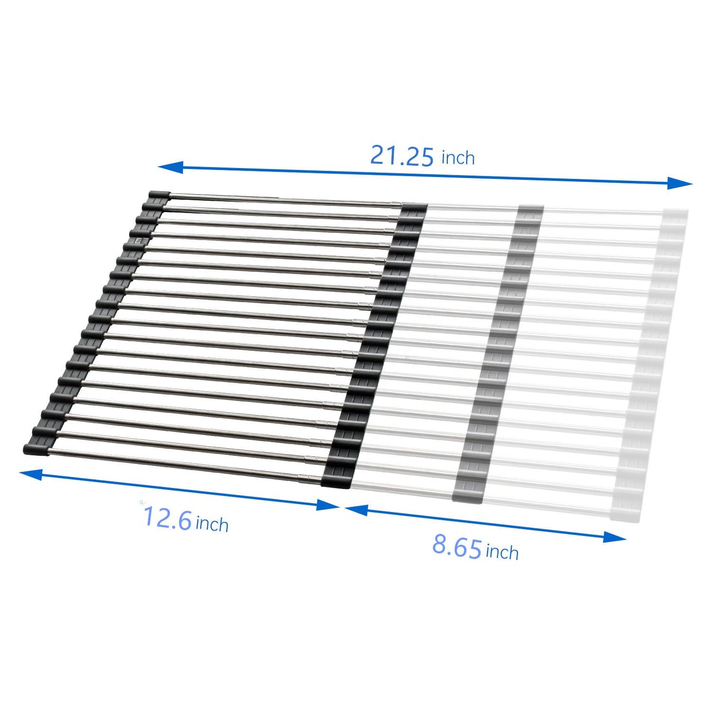 ARAIny Expandable Large Dish Drying Rack, roll-up heat-resistant drying rack for stainless steel sinks, collapsible over non-slip silicone rolling mat (18 stainless steel rods 54x33cm)