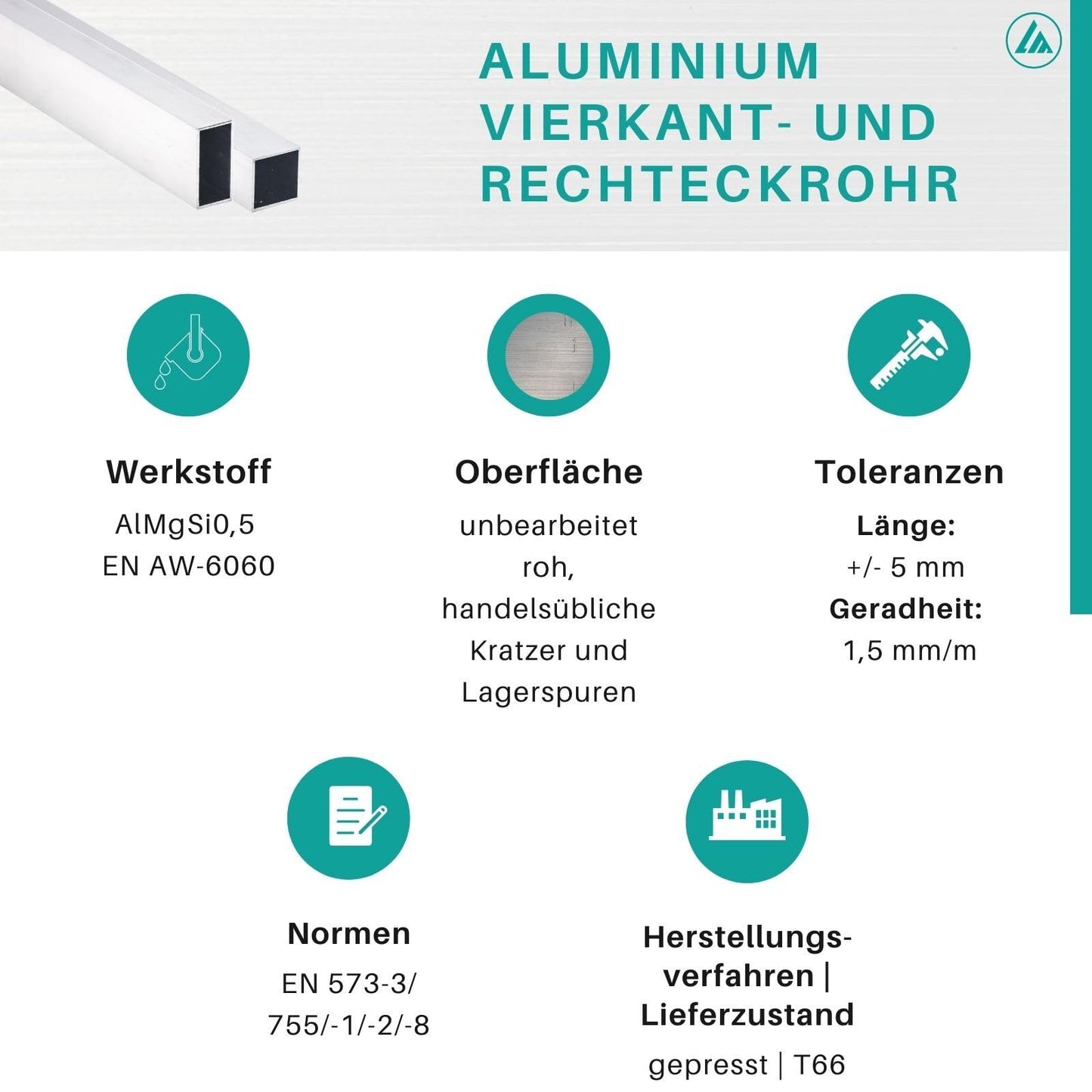 Aluminum square tube | AlMgSi0.5 | EN AW-6060 | unfinished | 35 x 35 x 3 mm | Length: 2,000 mm ± 5 mm