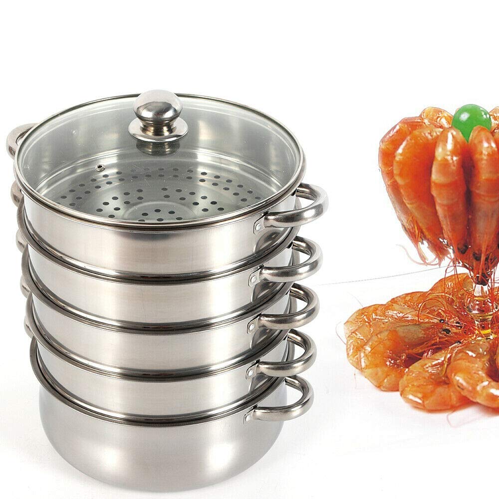Steamer pot, 5-tier stackable stainless steel steamer pan with glass lid, diameter 26/28/30cm (28cm)