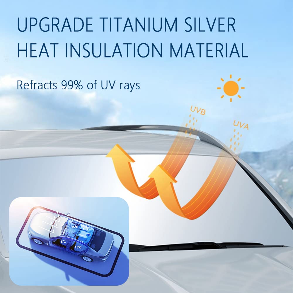 Thick sun protection car front windshield with storage bag, Keeps car interior cool, Universal sun protection car front sun protection for cars, SUVs, trucks (M: 140x70cm)