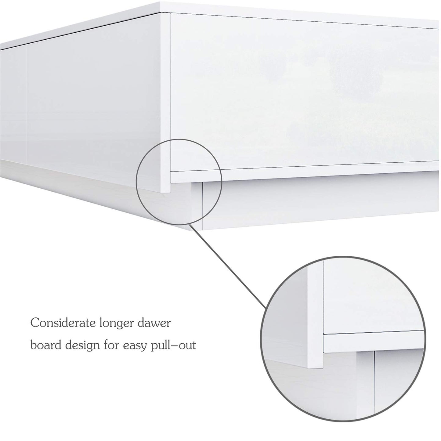White high gloss coffee table with storage - Modern rectangular table with 4 drawers for living room & home office, high gloss finish & storage organizer 95x60x31 cm