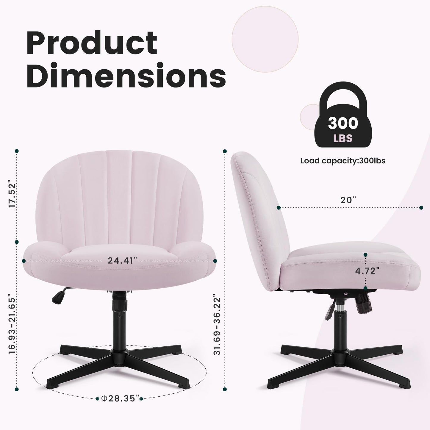 IWMH office chair without armrests, height adjustable swivel chair without casters, desk chair with fabric upholstery, ergonomic chair, reading chair with wider cushion for sitting cross-legged (Pink)