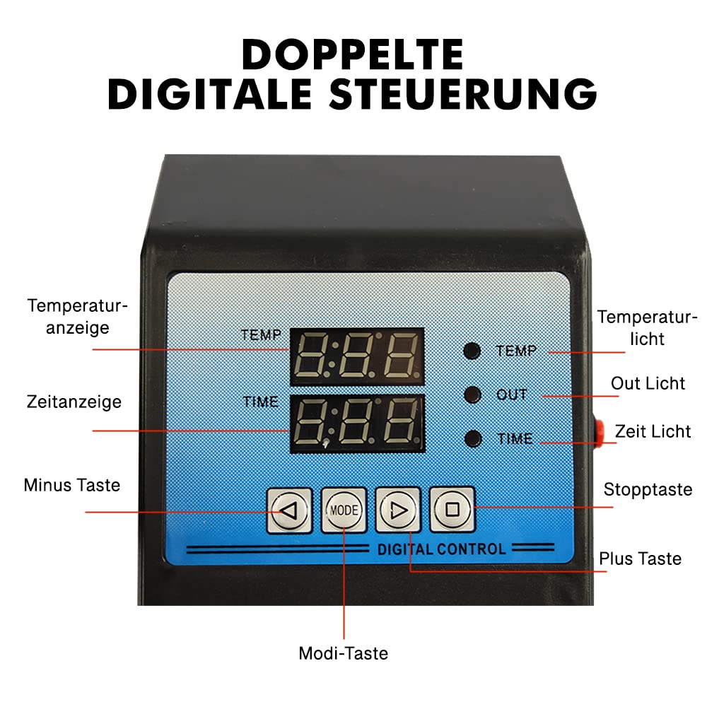 5 in 1 Heat Press Machine 38x30cm with 1000W power. The T-shirt heat press can rotate 360 degrees, ideal for DIY projects. It features a double digital display for easy operation. Great for sublimation and heat transfer printing.