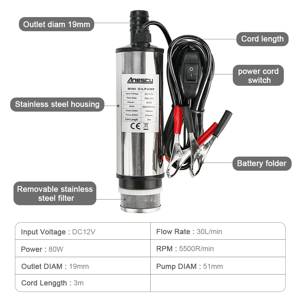 Stainless Steel Transfer Pump 12V Φ51mm Water Pump Submersible Pump for Car Diesel Oil Heating Oil Water Fuel Transfer Pump with Removable Filter, 3m PVC Transparent Hose, Hose Clamps