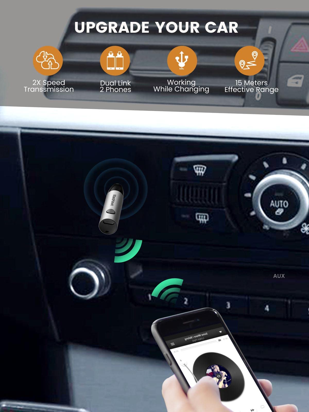 MaedHawk Aux Bluetooth Adapter Car, BT5.0 Audio Receiver, 3.5mm Aux in Car Kit (Hands-free calls, Dual connection with 2 smartphones) For car radio music, headphones, speakers-BTR005