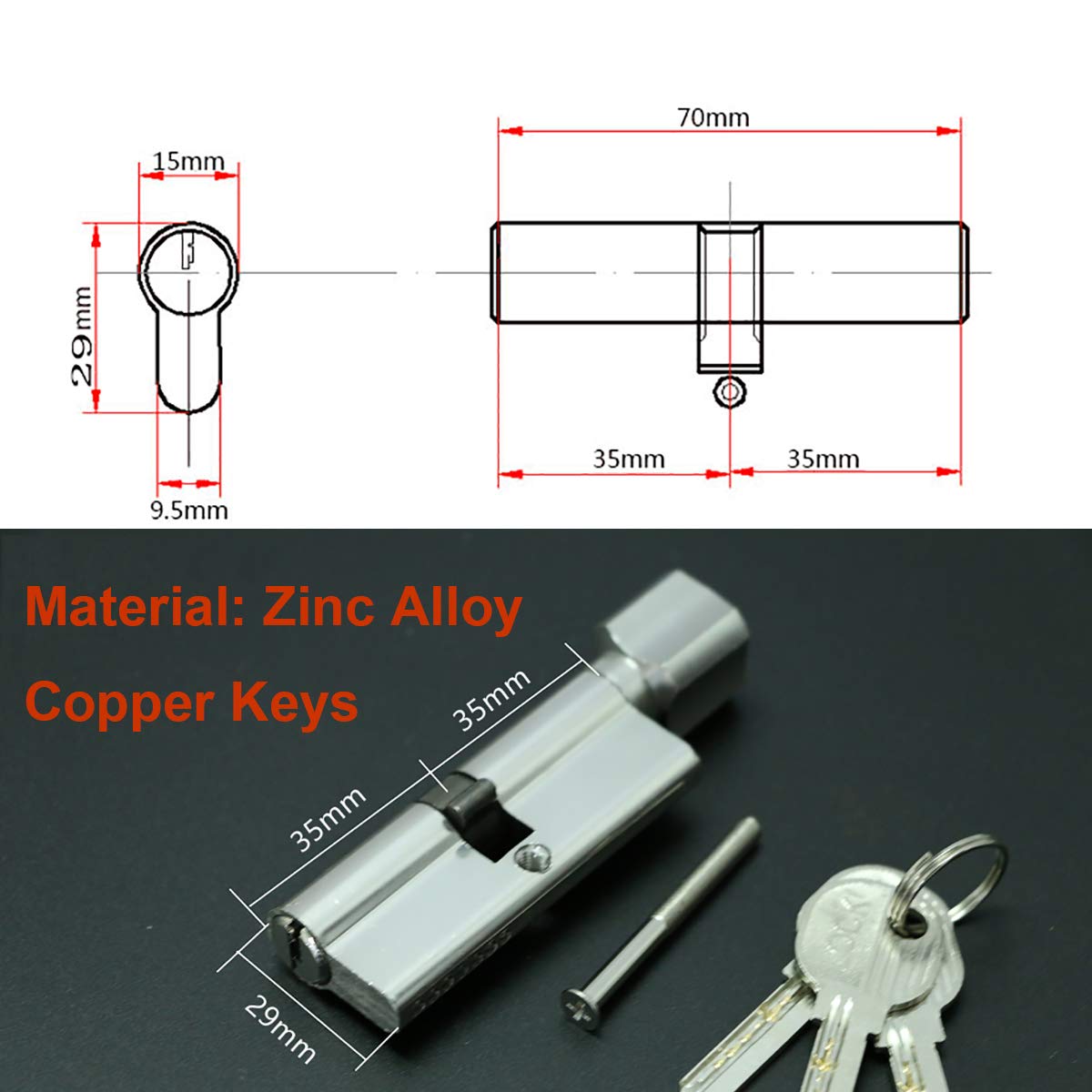 Qrity renovation set for bathroom doors, WC handle set, door handles, profile cylinder with knob, door latch, 3 copper keys, zinc alloy.