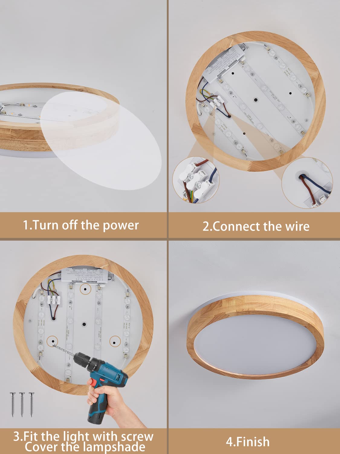 Bearolc LED Ceiling Light Wood, 360° Glow Φ30cm Ceiling Lamp Living Room, 24W 4500K Neutral White Ceiling Light Round Lamp for Bedroom/Office/Kitchen/Children's Room/Hallway/Balcony