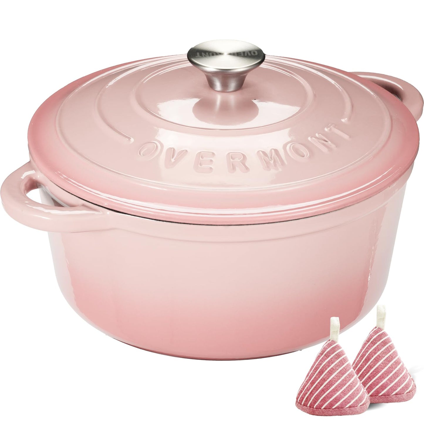 Overmont Enamel Cast Iron Dutch Oven 26cm - Oven safe with lid and cookbook - for kitchen baking roasting stewing Pink