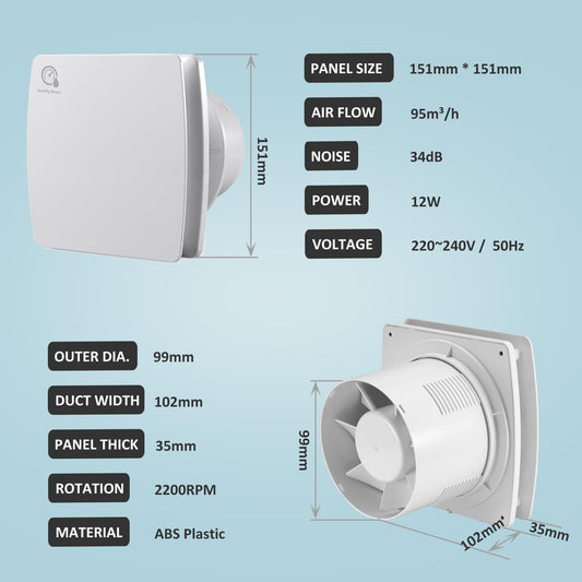 100mm Bathroom Exhaust Fan with Humidity Sensor, Quiet Window Ventilation Fan, Exhaust Wall Fan with Backdraft Damper, Window Mounting Ring, Temperature-Humidity Sensor for Kitchen and Bathroom.