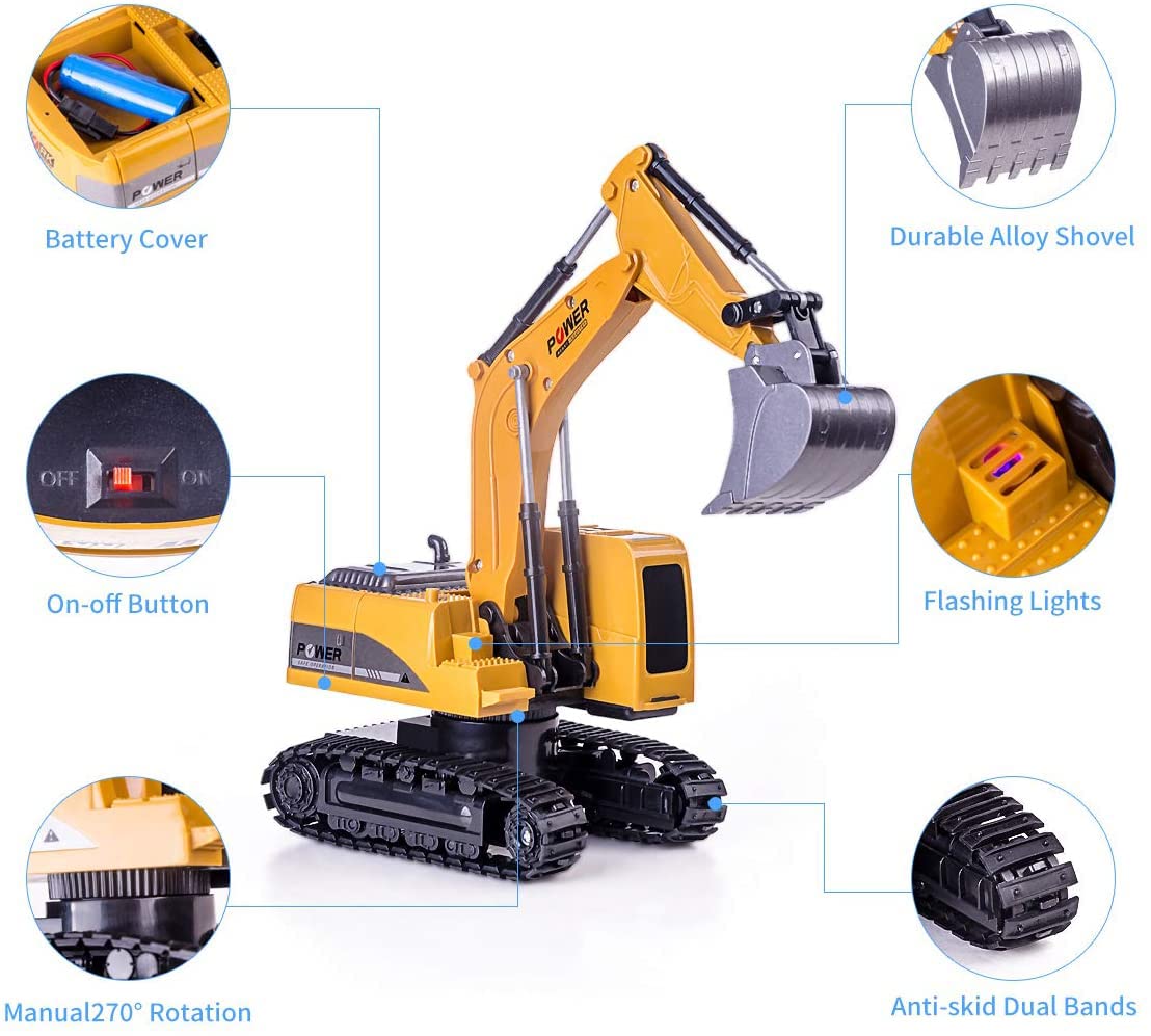 Thedttoy 1:24 Remote Control Excavator Toy for Kids, Car 2.4 GHz Tractor RC with Lights, Birthday Gift for Boys 3 4 5 6 7 8 Years
