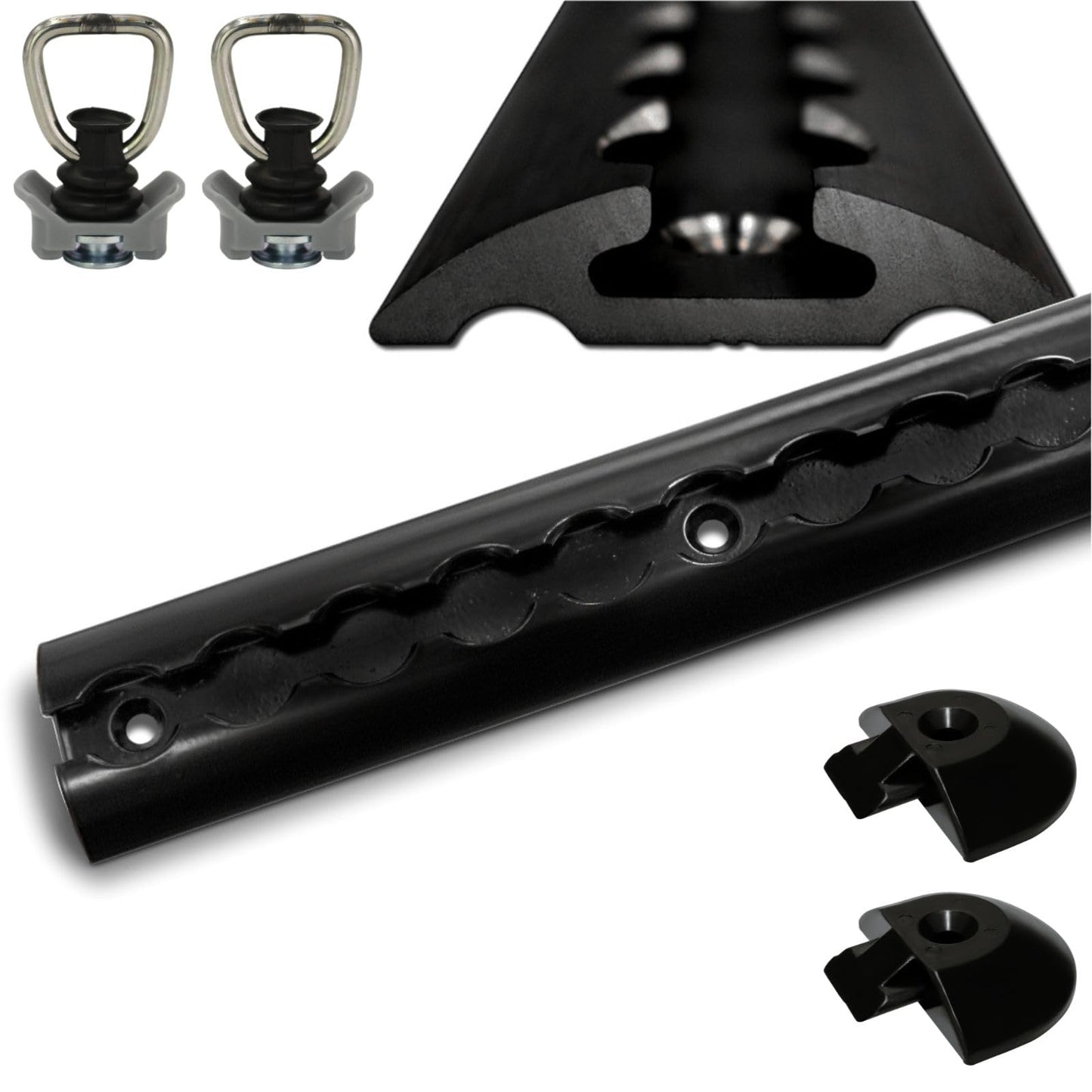 Airline rail, sturdy half-round black, 0.5 meters with 2 tie-down rings and 2 end caps, Aluminum Black line tie-down rail, high stability and durability, for trailers, cars, trucks, campers, RVs