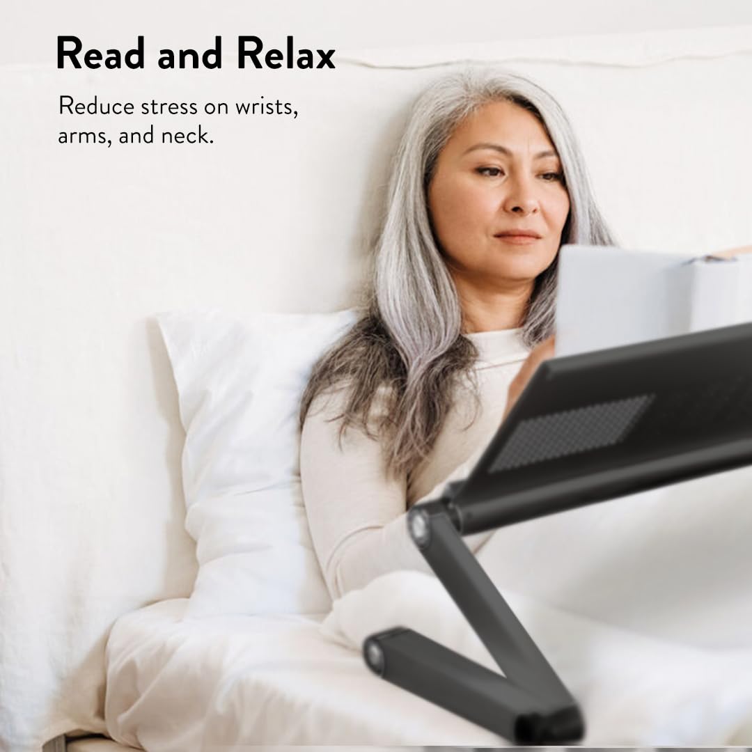 Uncaged Ergonomics Adjustable Book and Laptop Stand - portable aluminum stand for textbooks, cookbooks, recipe books, and tablets.