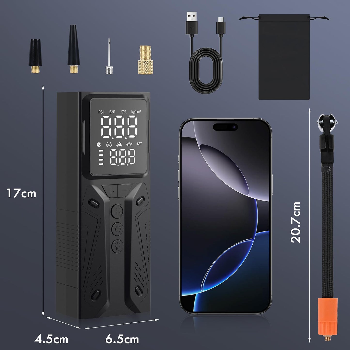Gerbala 6000mAh Portable Electronic Air Pump - 150PSI Electric Bike Pump with Digital Display and LED Light - Battery Compressor Air Pump for Vehicles, Bikes, Balls, and more