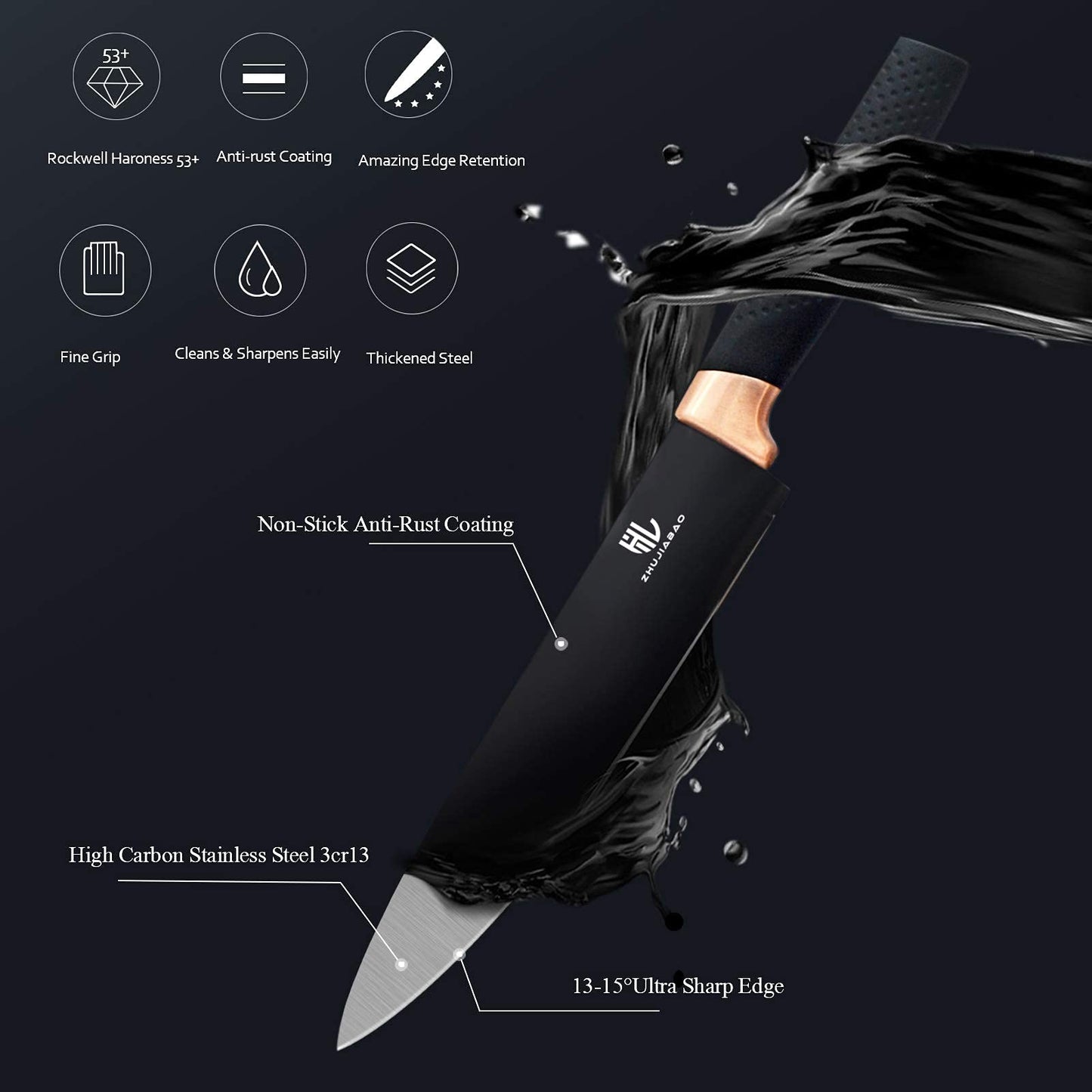 HL zhujiabao Black Kitchen Knife Block Set with Acrylic Stand 6PCS Professional Stainless Steel Chef Knife Set with Non-stick Coating and ultra-sharp Knife Block Set as a gift for men and women
