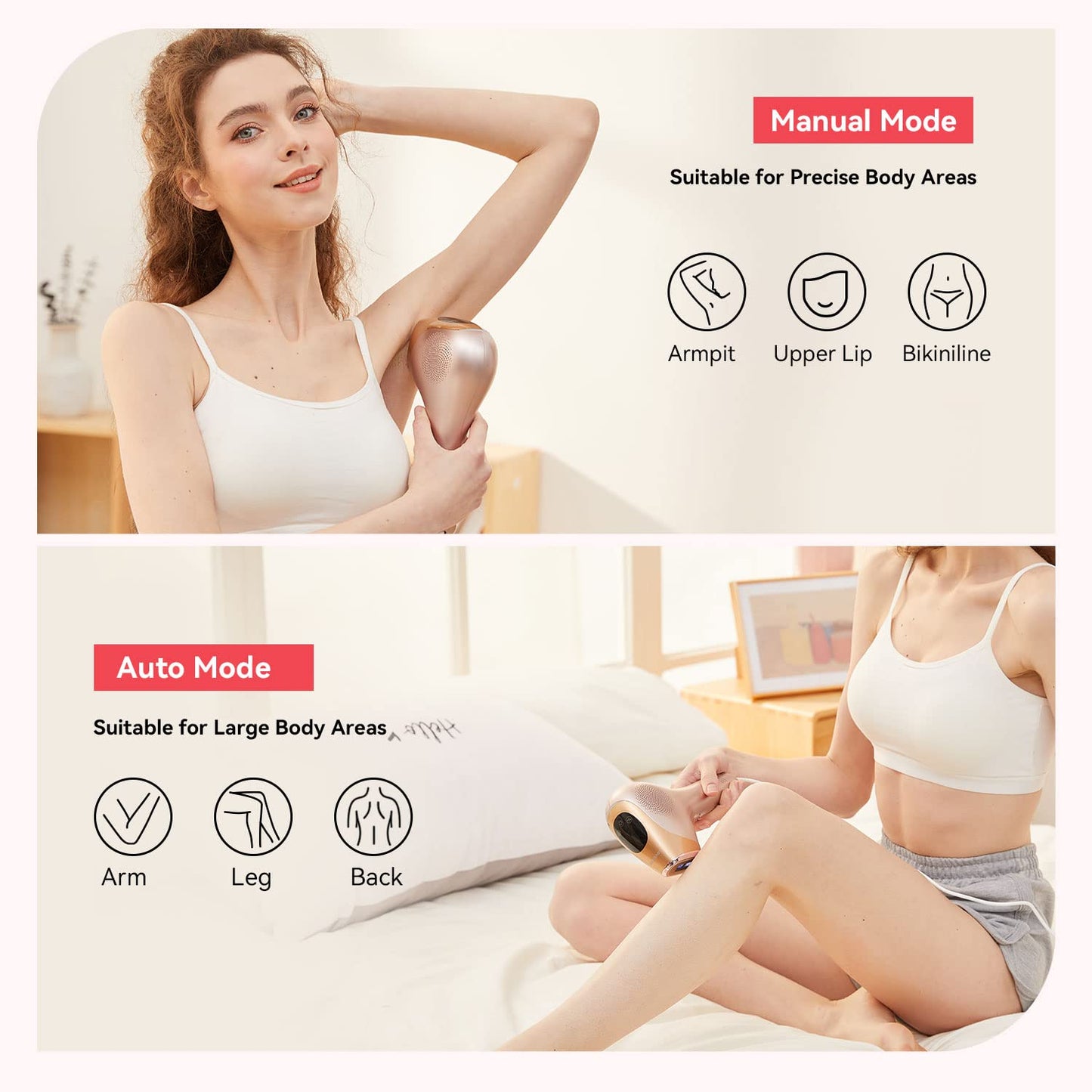 IPL hair removal device with ice-cooling function, 600,000 light pulses for permanent visible hair removal on body, face, bikini zone.