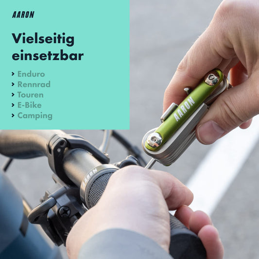 AARON Tool 20 in 1 Multitool - Bike multi-tool made of stainless steel/aluminum - foldable mini bike tool with many functions - practical green bike tool.