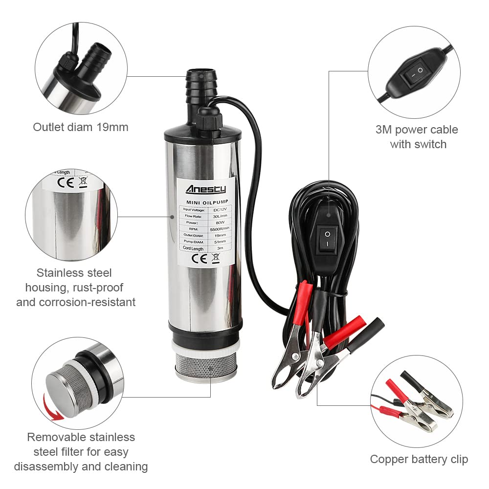 Stainless Steel Transfer Pump 12V Φ51mm Water Pump Submersible Pump for Car Diesel Oil Heating Oil Water Fuel Transfer Pump with Removable Filter, 3m PVC Transparent Hose, Hose Clamps