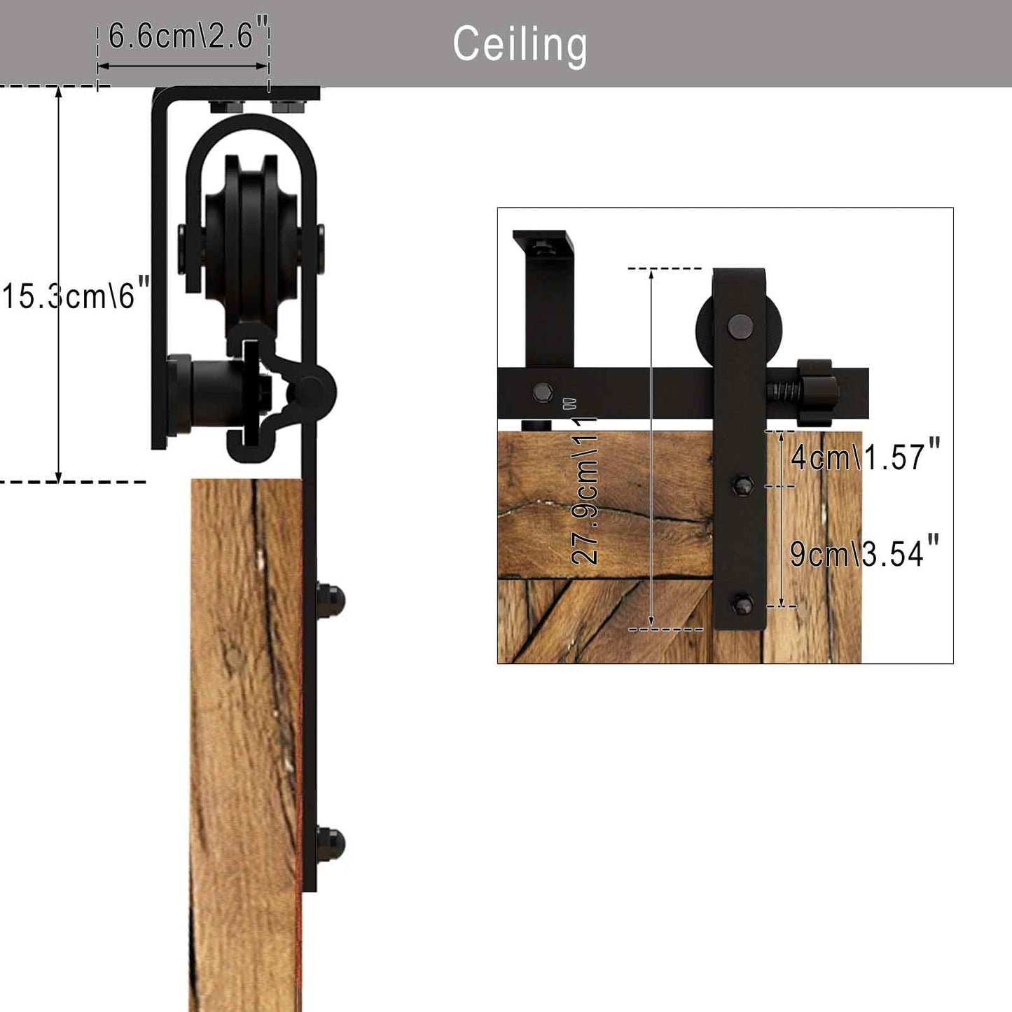 6FT/1.8M Ceiling Mount Sliding Barn Door Hardware, L-shaped bracket system, Fits 60cm wide, single door panel.