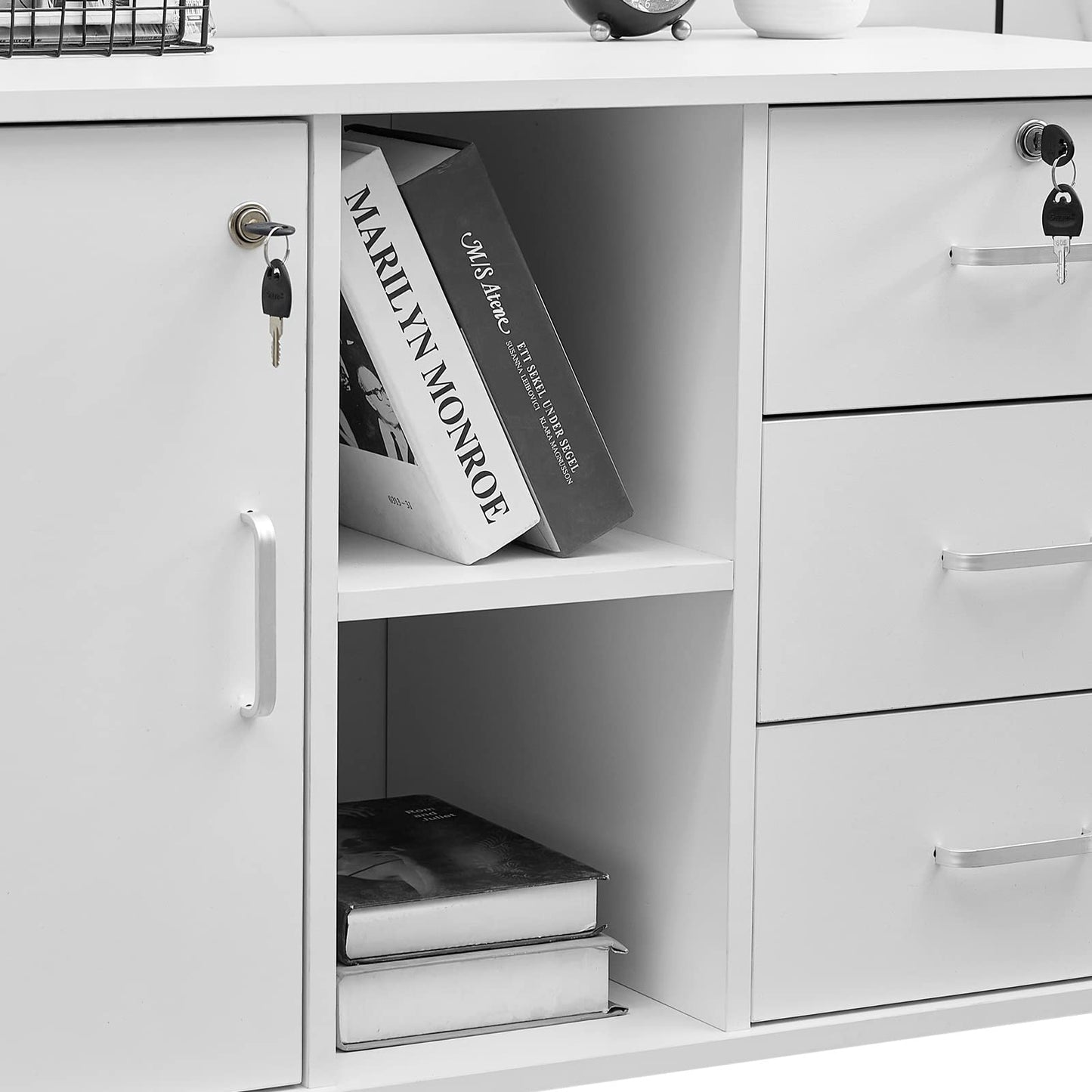 OFCASA Mobile File Cabinet with 3 drawers, lockable office rolling cabinet with wheels, 1 door, 2 shelves, 2 locks, white wood, storage cabinet for Home Office, 90 x 40 x 55 cm