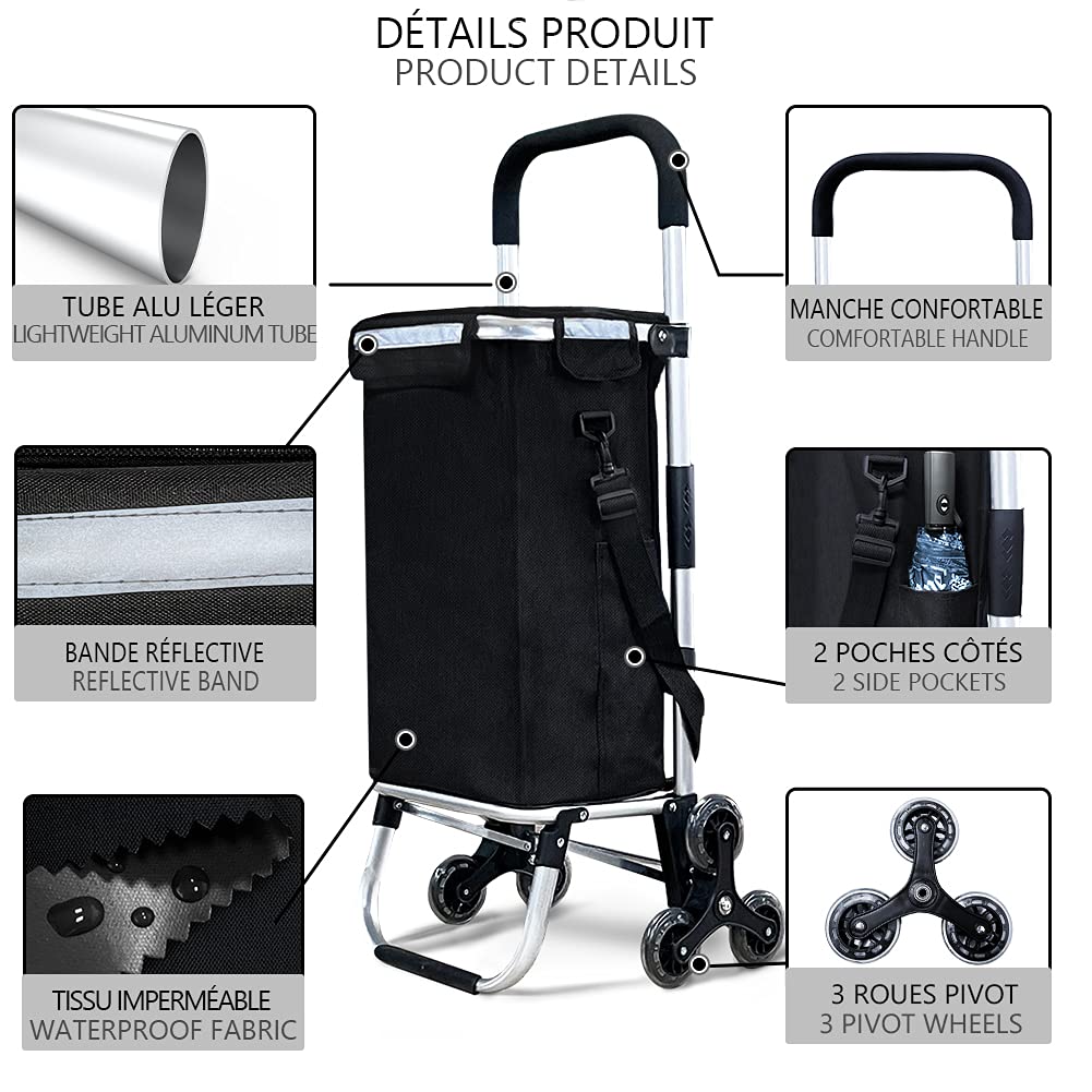 VOUNOT Aluminum Shopping Cart Stair Climber, Foldable Trolley Cart with 6 Wheels and Cooler Compartment, Waterproof, 58L, Black