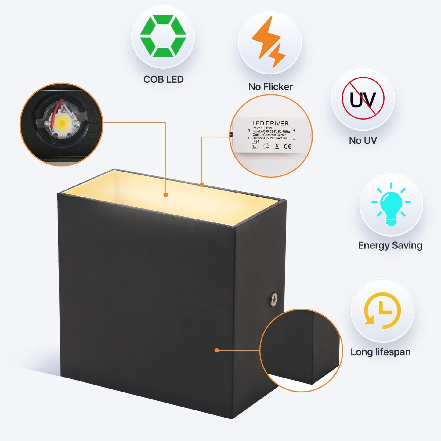 Lureshine Wall Light LED Indoor 2 Pack, 10x10x5cm Up and Down Wall Lamp, Aluminum Die-cast Wall Light 10w Black, 3000K Warm White, for Living Room Garage