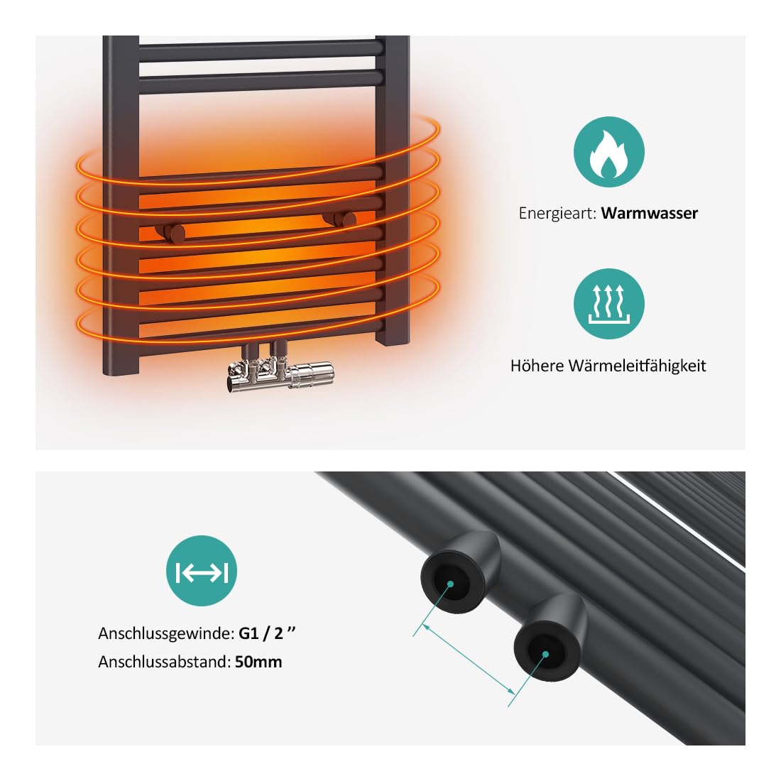 EMKE Towel Radiator 750x400 mm, Bathroom Radiator Towel Rail Central Connection Towel Warmer Towel Dryer Small Bathroom Heater Anthracite 244W