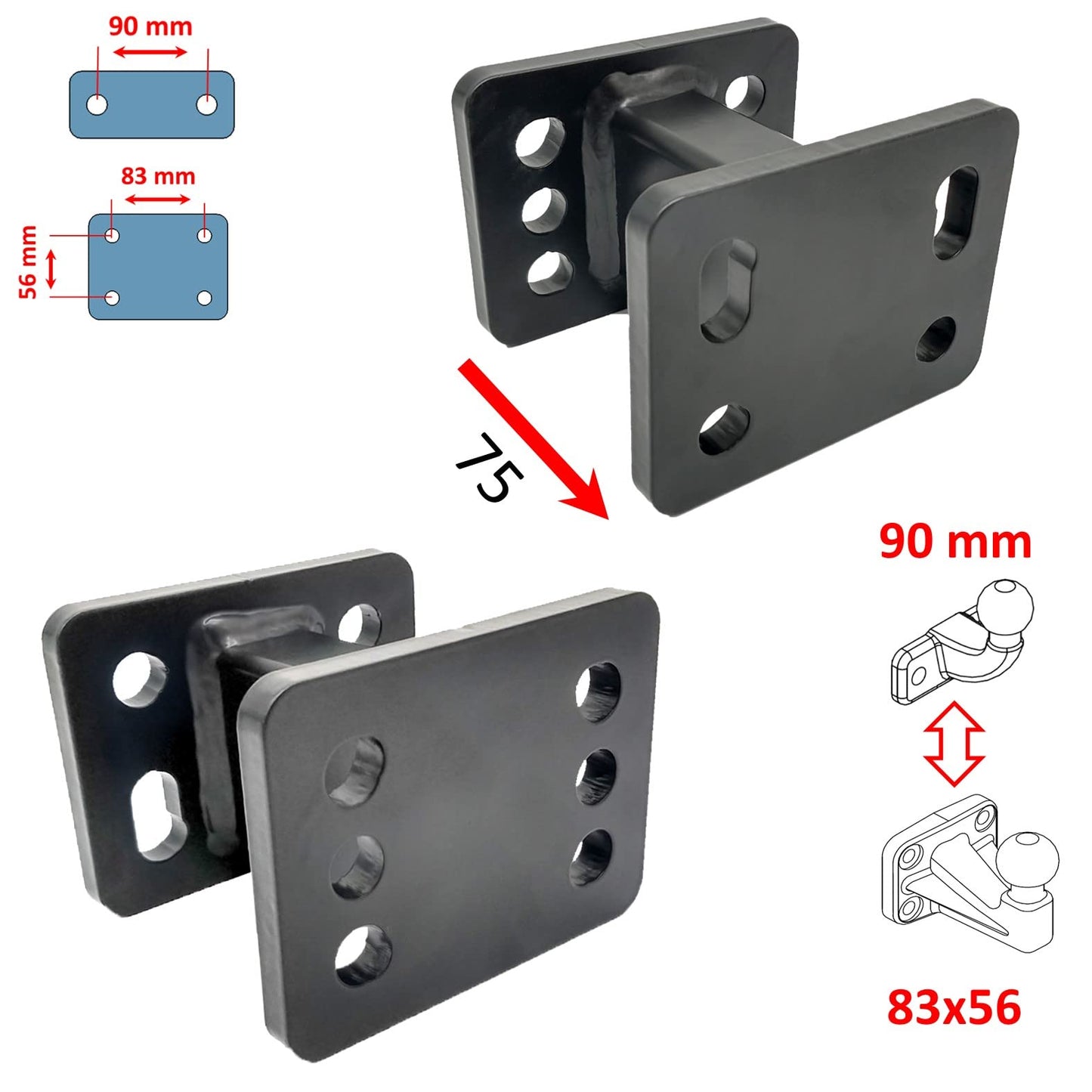 XIMPLIO adapter extension hook extension for flange ball trailer hitch with ABE (75 mm)