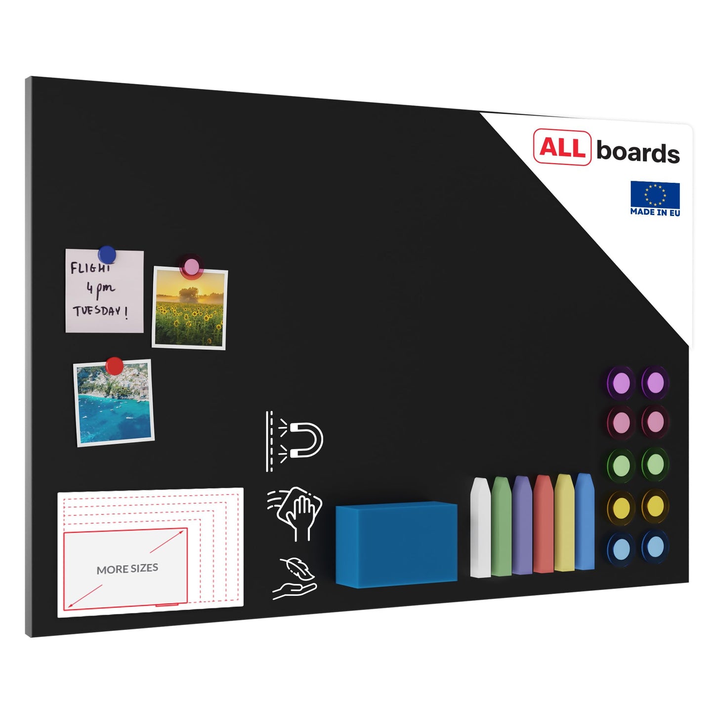 ALLboards Metallic Magnetic Board CHALKBOARD BLACK 90x60cm MetalBoards Memo Board for any type of magnets Magnetic pin board + 6 chalks, 10 magnets, and eraser
