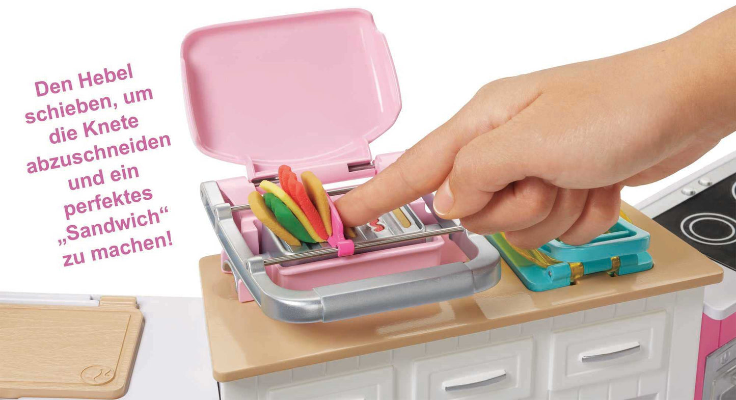 Barbie Ultimate Kitchen with 20 accessories, cooking and baking with light and sound effects, 5 dough colors, includes doll, perfect gift for kids, toy for ages 3 and up, GWY53.