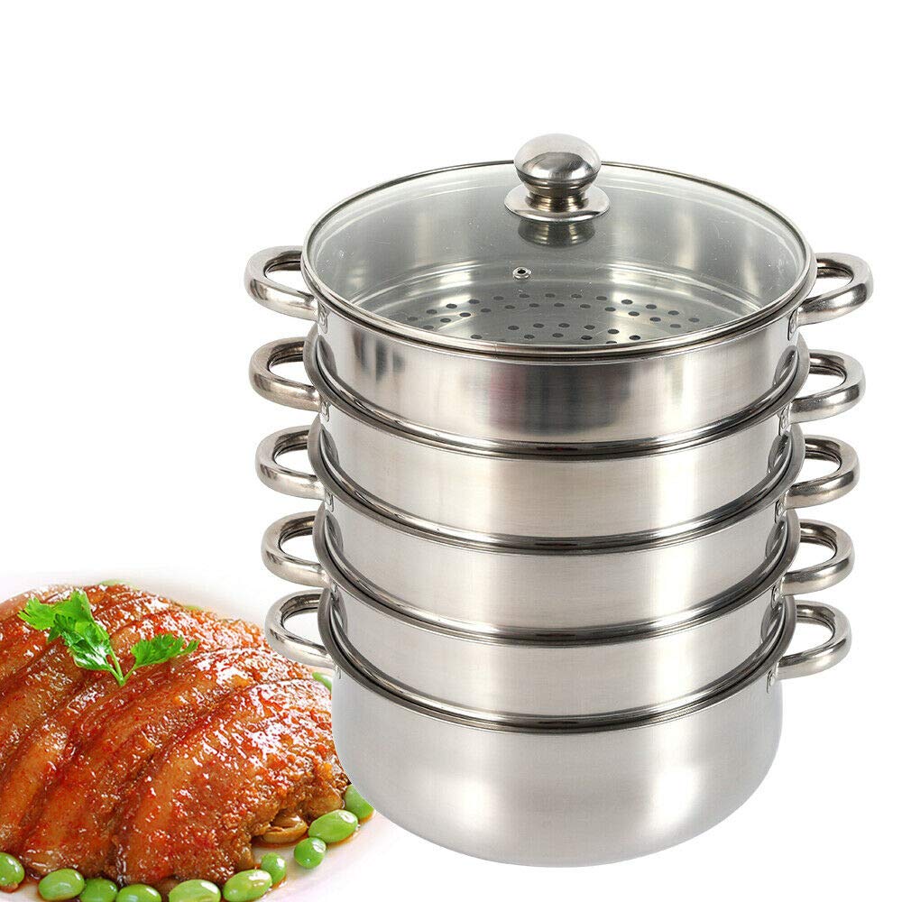 Steamer pot, 5-tier stackable stainless steel steamer pan with glass lid, diameter 26/28/30cm (28cm)