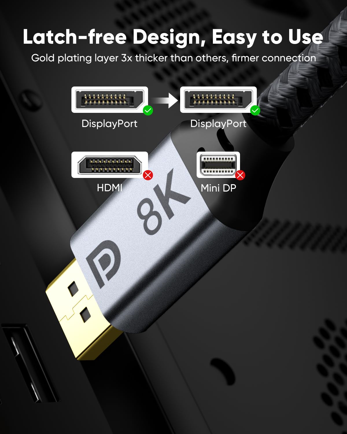 8K DisplayPort Cable 1.4 4M, 8K DP 1.4 cable (8K@60Hz, 4K@144Hz, 2K@240Hz) supports 32.4Gbps, HDR, FreeSync, G-Sync, DP to DP cable compatible for laptop, PC, TV, gaming monitor.