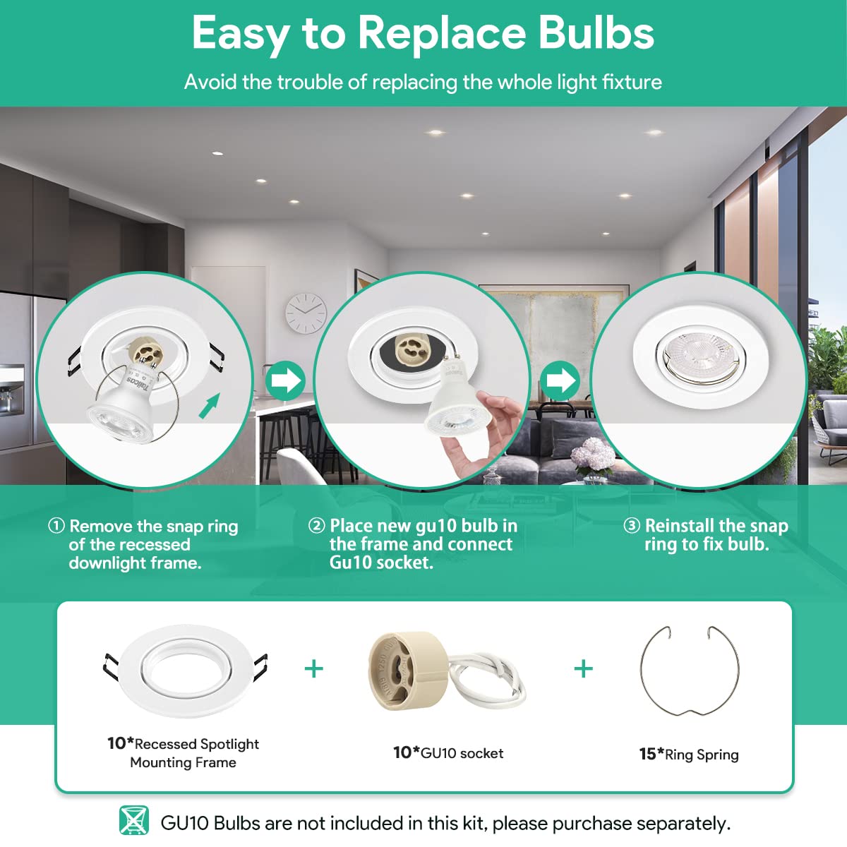 10x recessed spotlight GU10 set with white mounting frame for 230V spots, including GU10 socket, LED with 68mm hole diameter round, 30° tiltable integrated spotlight frame for LED or halogen bulbs.