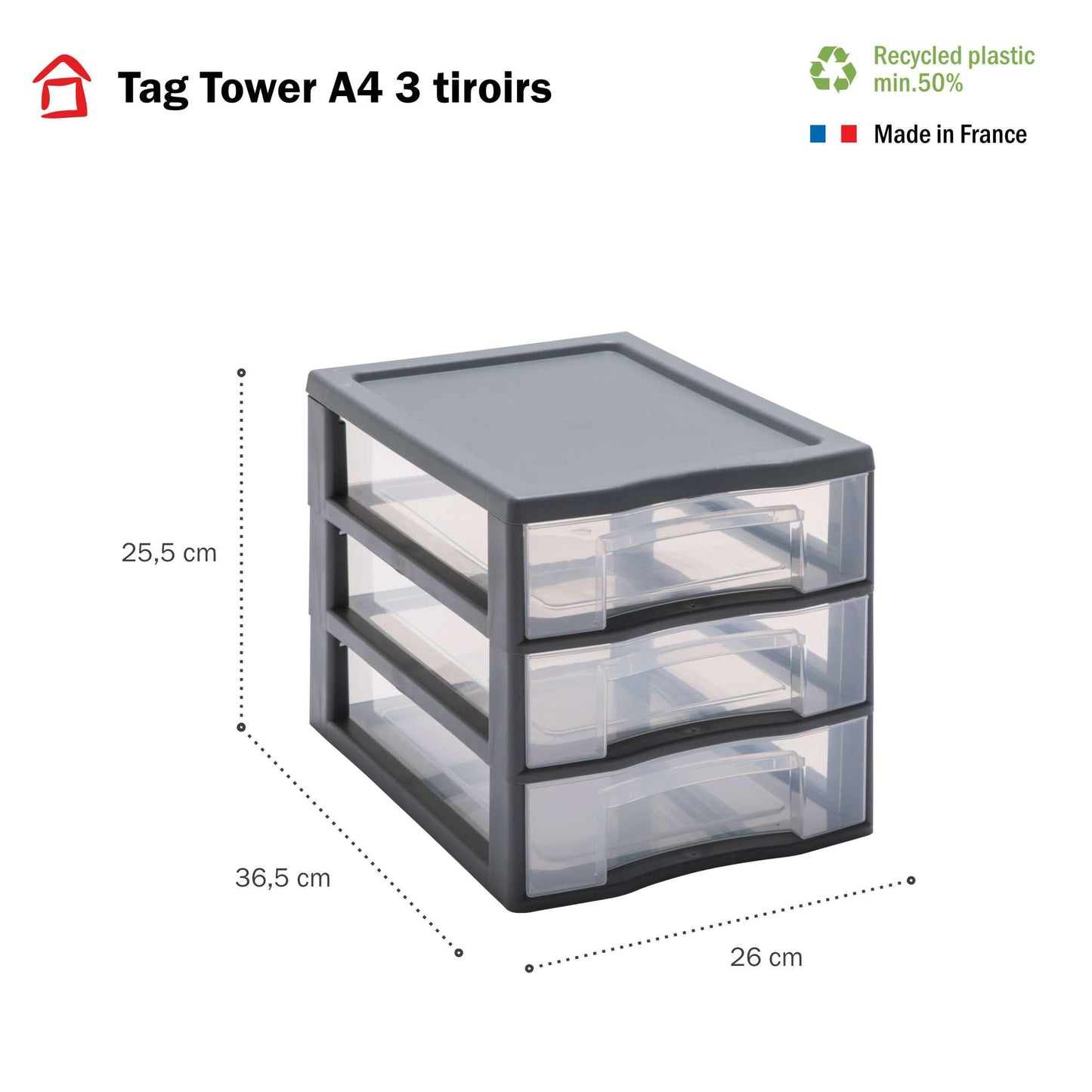 SUNDIS Day Tower, plastic drawer unit, grey, 3 transparent drawers for A4 paper, height 25.5 cm, stackable, great for desk, classroom, documents, accessories.
