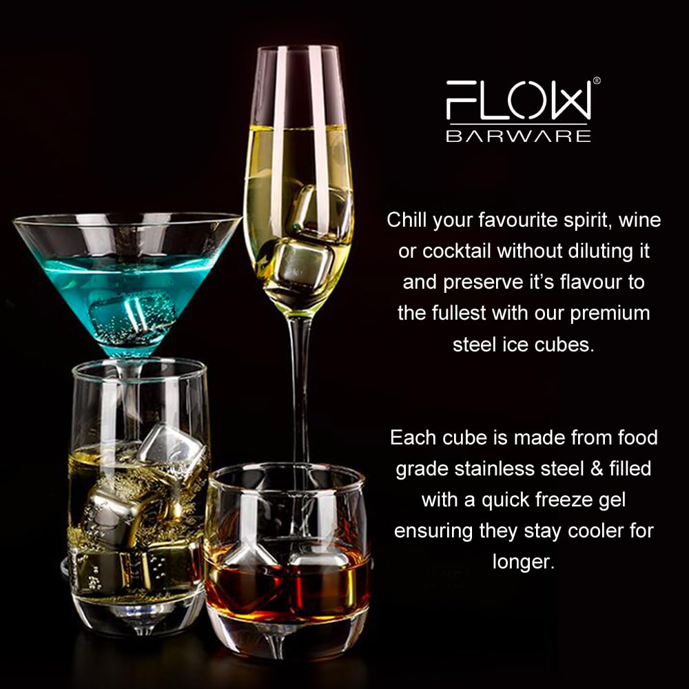 Flow XL Whiskey Bullets with Ammo Holder Stainless Steel Whiskey Stones Reusable Metal Ice Cube Tray Gift for Men Whiskey Accessories Silver