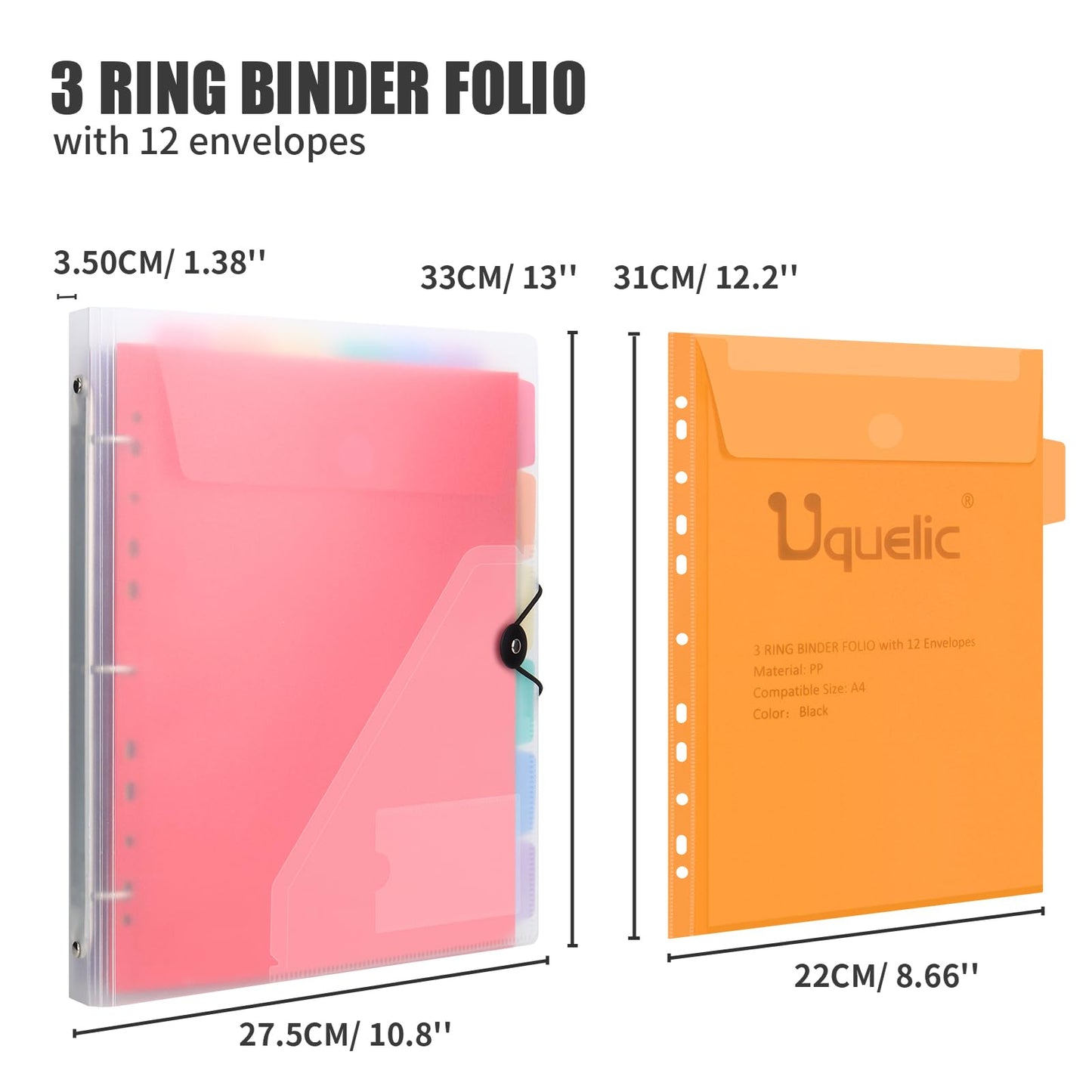 Uquelic A4 document folder for filing, A4 slim ring binder with 12 plastic document pockets (6 colors), Waterproof folder organizer - Transparent