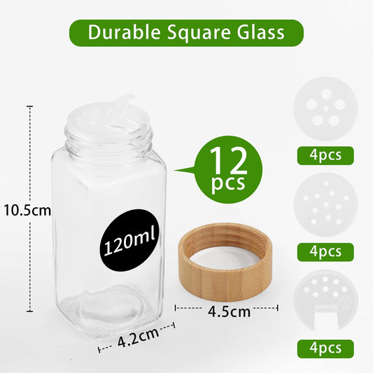 Withosent 12-Piece Set Spice Jars Square with Screw Cap, 120ml Spice Jars with Wooden Lid, Spice Shaker Glass Spice Container, Spice Storage with Sprinkle Insert, Labels, Funnel, Brush