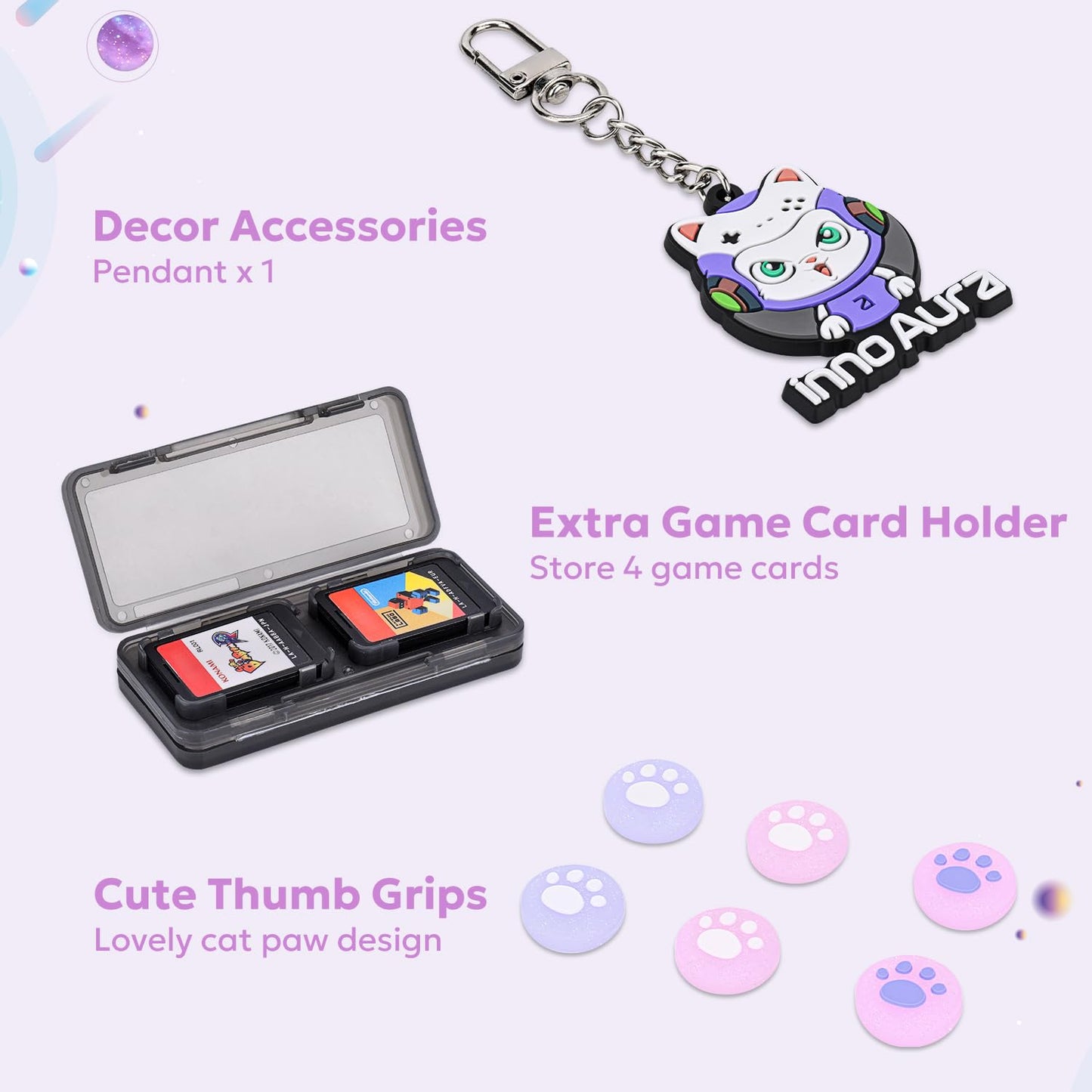innoAura carrying case for Switch, 14-in-1 NS Switch accessory set with Switch bag, Switch protective case, Switch screen protector, Switch game storage, Switch joystick caps (Galaxy Purple)