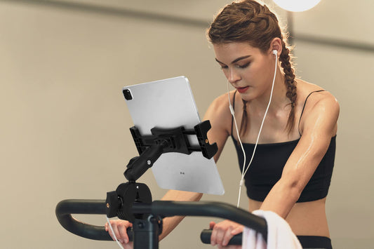 Treadmill tablet iPad holder, bike handlebar mount clamp for stationary bike, elliptical, spin bike, Peloton, stroller for 4-13 inch devices, iPad Pro 12.9, Air, Mini, Galaxy Tabs, iPhone