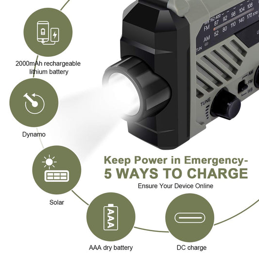 LAMA Solar Radio AM/FM crank radio emergency radio 2000mAh power bank USB rechargeable with hand crank dynamo LED lamp reading light SOS alarm for outdoor hiking camping survival travel emergency army green
