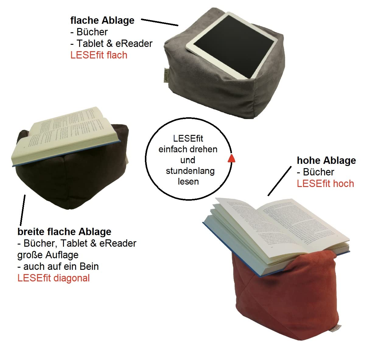 LESEfit soft book pillow reading pillow - flexible book holder for bed - Handmade from non-slip suede imitation & microbeads - soft washable rotatable - matte gray