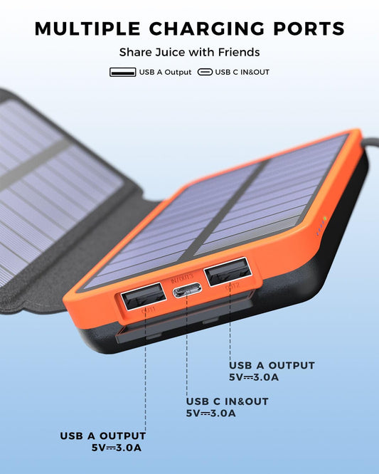 ADDTOP Solar Power Bank 25000mAh - Portable solar charger with 4 solar panels, outdoor waterproof external battery pack with 2 USB A & 1 USB C for iPhone, Android, and tablet, camera outdoor Orange