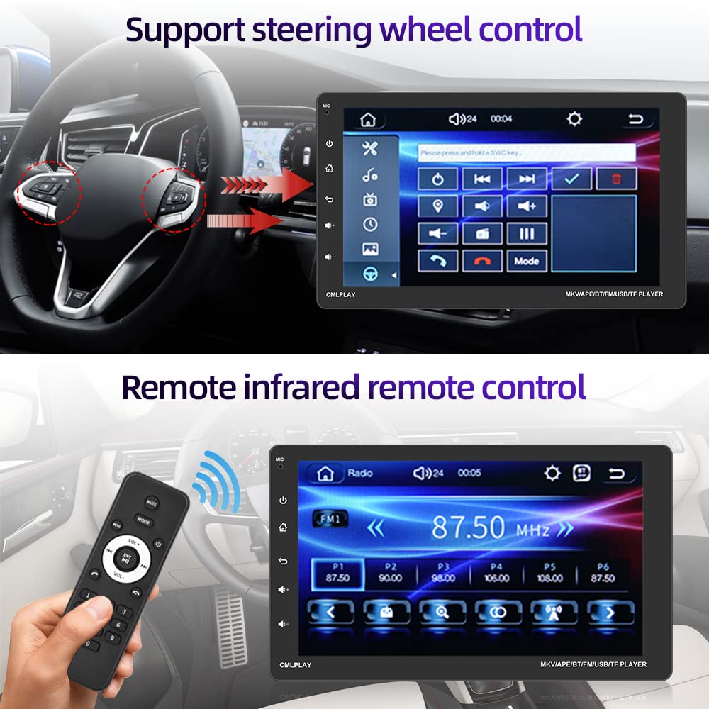 Podofo 1Din car stereo with Carplay & Android Auto, 9-inch Bluetooth single Din Android radio with iPhone Android Mirror Link/SWC/FM radio/AUX/colorful light + rear view camera