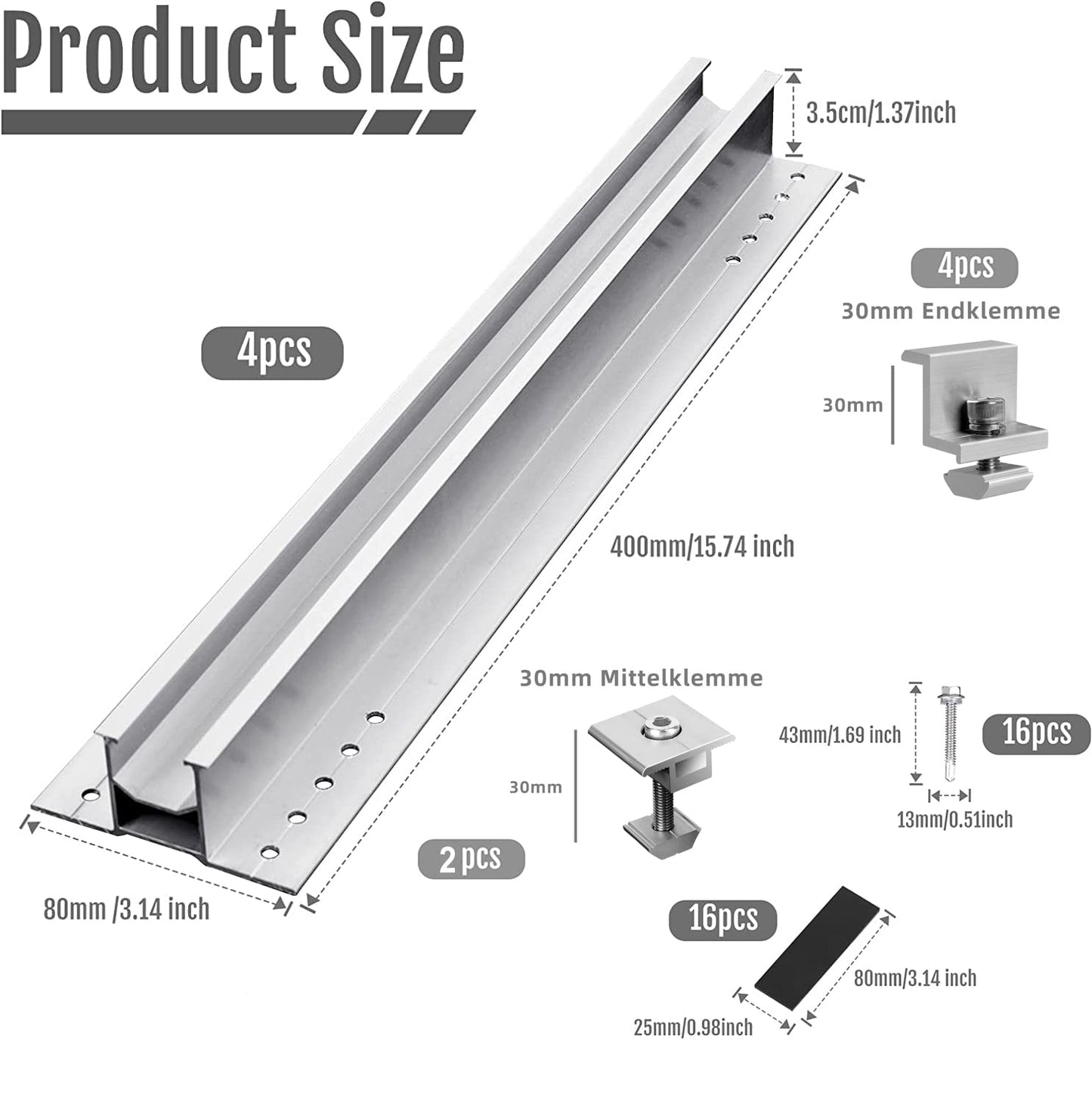 Solar Panel Mounting Kit, 400X400 Aluminum Solar Panel Mounting, with 4 Solar Panel Z Brackets and 2 Mid Clamps (30mm), Mounting Rail x 4 for 1 x Solar Panel